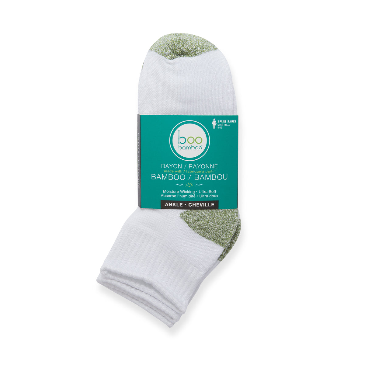 Boo Bamboo Ankle Socks Women 6-10 White & Green