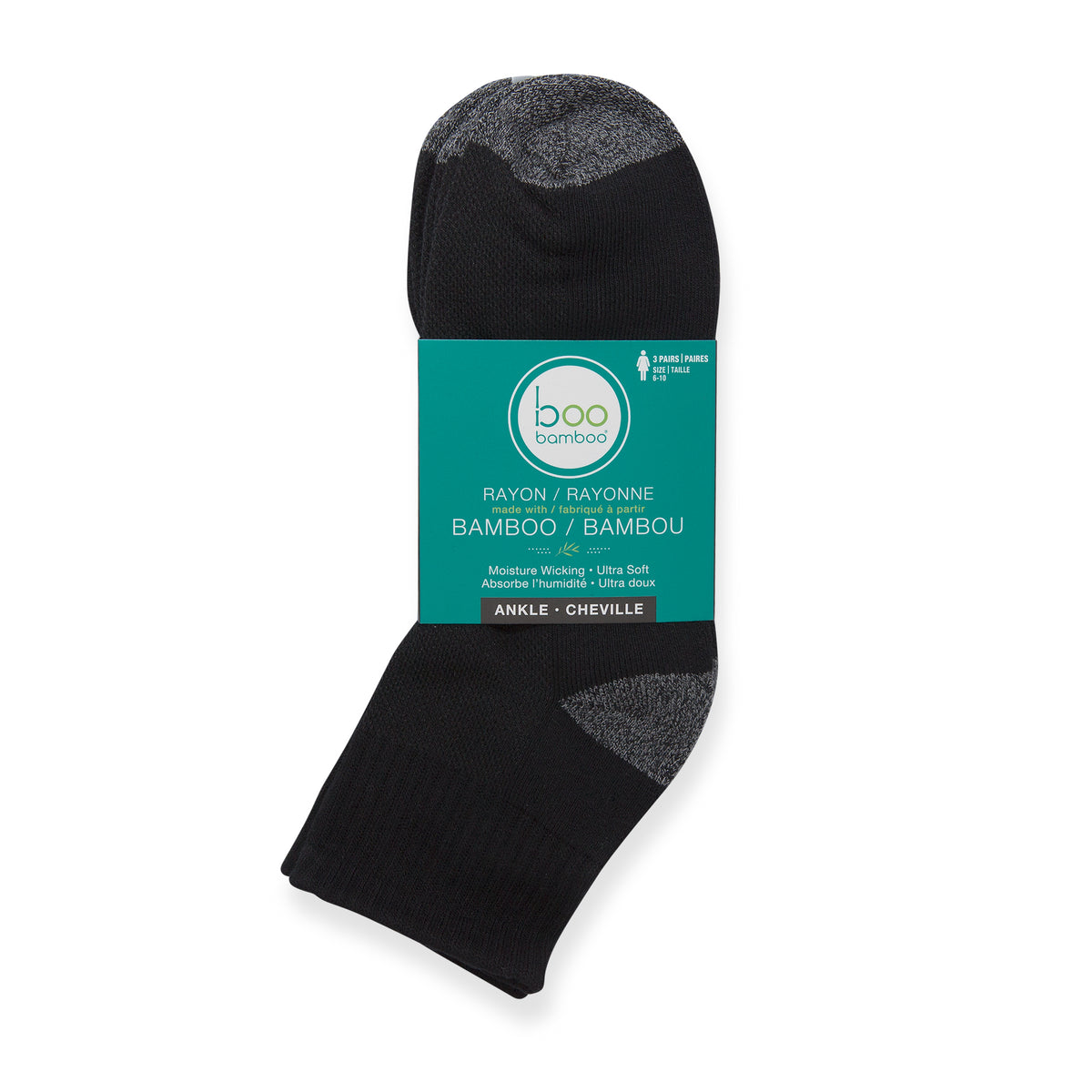 Boo Bamboo Ankle Socks Women 6-10 Black & Grey