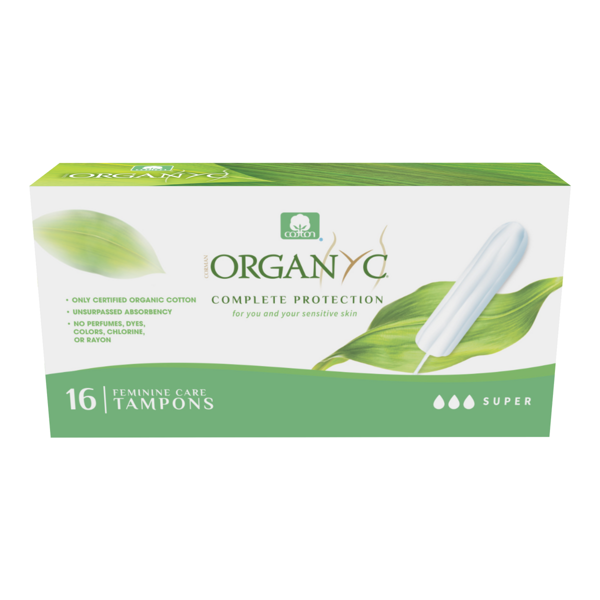 Organyc Organic Cotton Tampons, Non-Applicator, Cardboard or Compact Applicator, Regular, Super or Super Plus, 16 Tampons - Non-Applicator / Super