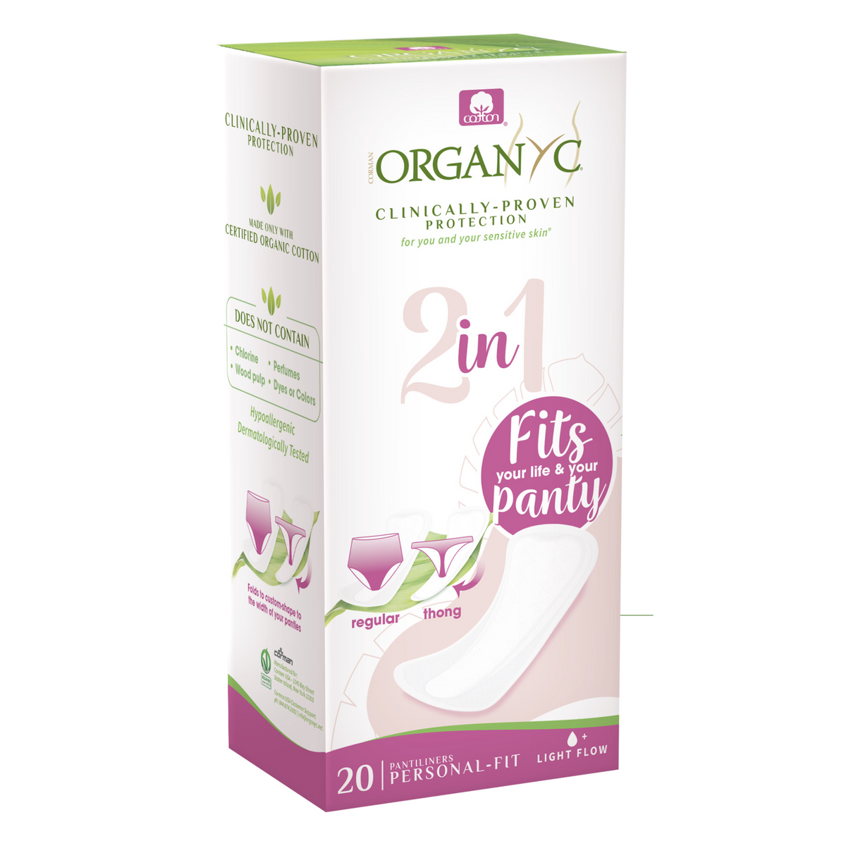Organyc Organic Cotton Panty Liners, Flat, Folded, Maxi or 2-in-1 Personal Fit, 20 to 24 Liners - 2-in-1 Personal Fit, 20 Liners