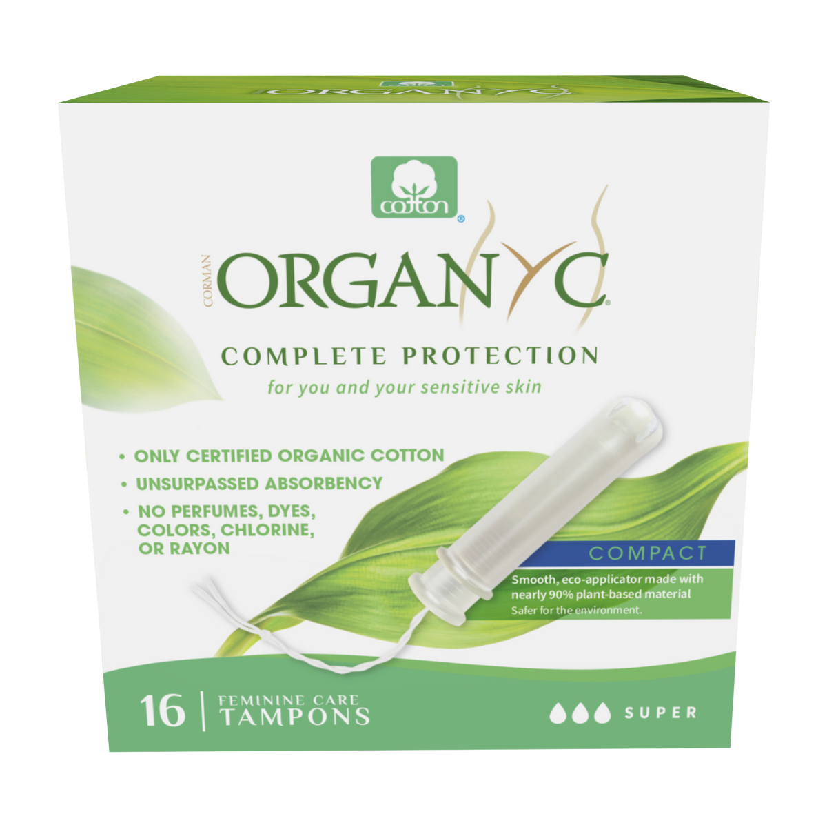 Organyc Organic Cotton Tampons, Non-Applicator, Cardboard or Compact Applicator, Regular, Super or Super Plus, 16 Tampons - Compact Applicator / Super