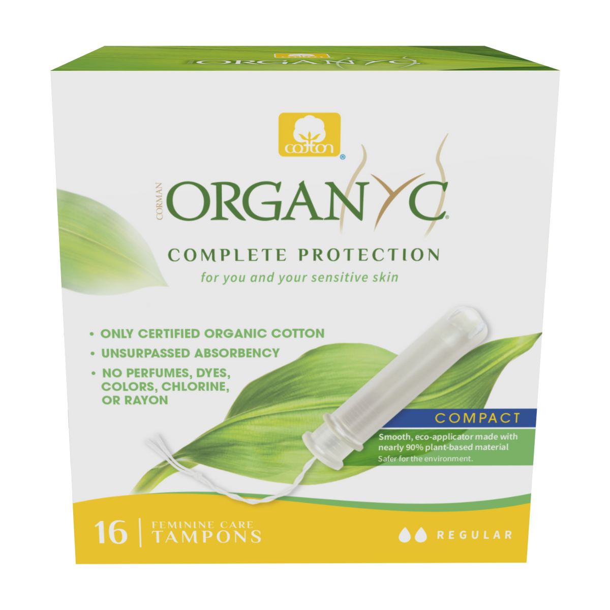 Organyc Organic Cotton Tampons, Non-Applicator, Cardboard or Compact Applicator, Regular, Super or Super Plus, 16 Tampons - Compact Applicator / Regular