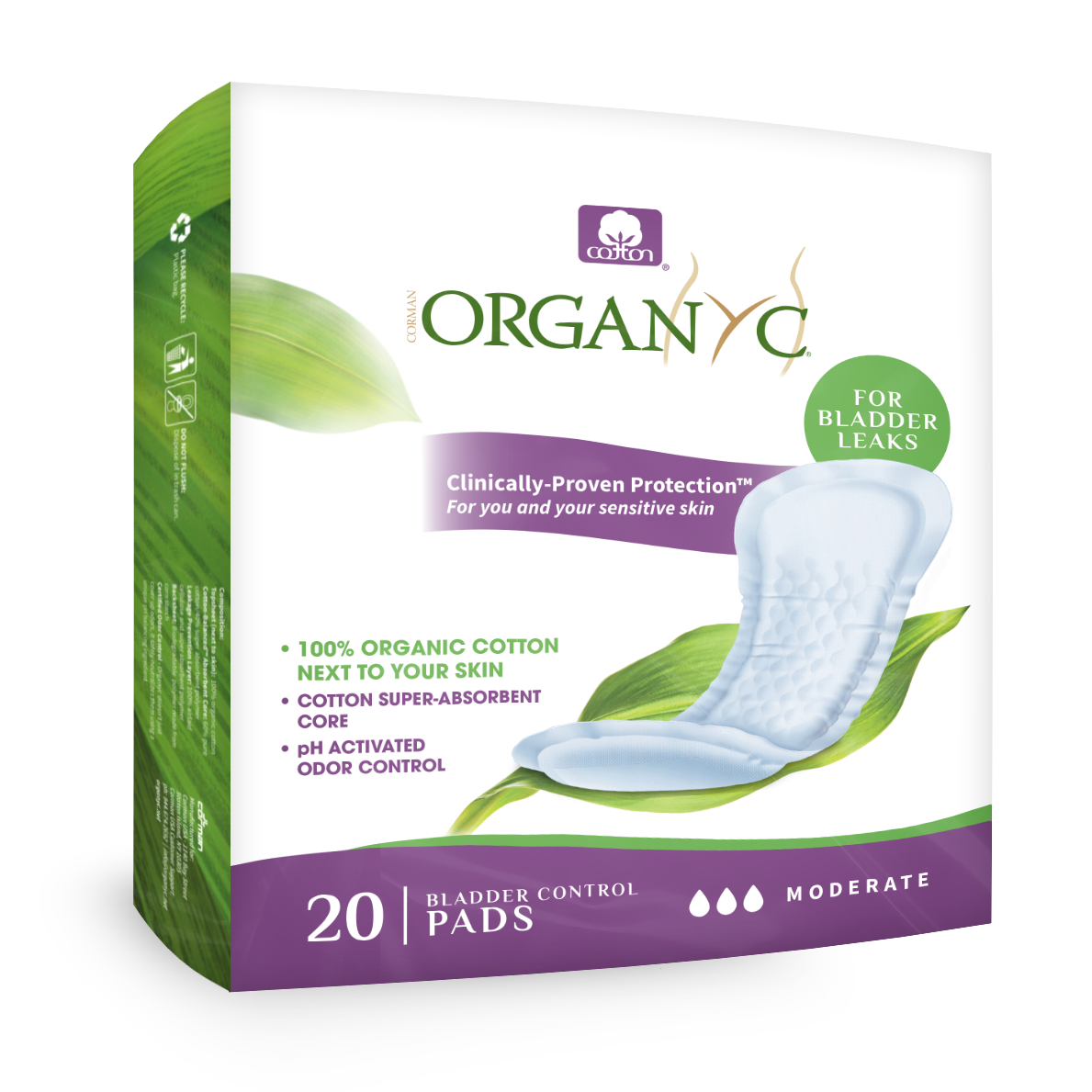 Organyc Light Incontinence Pads with Organic Cotton, Ultra-Thin Liner, Moderate, Maximum or Ultimate - Moderate, 20 Pads