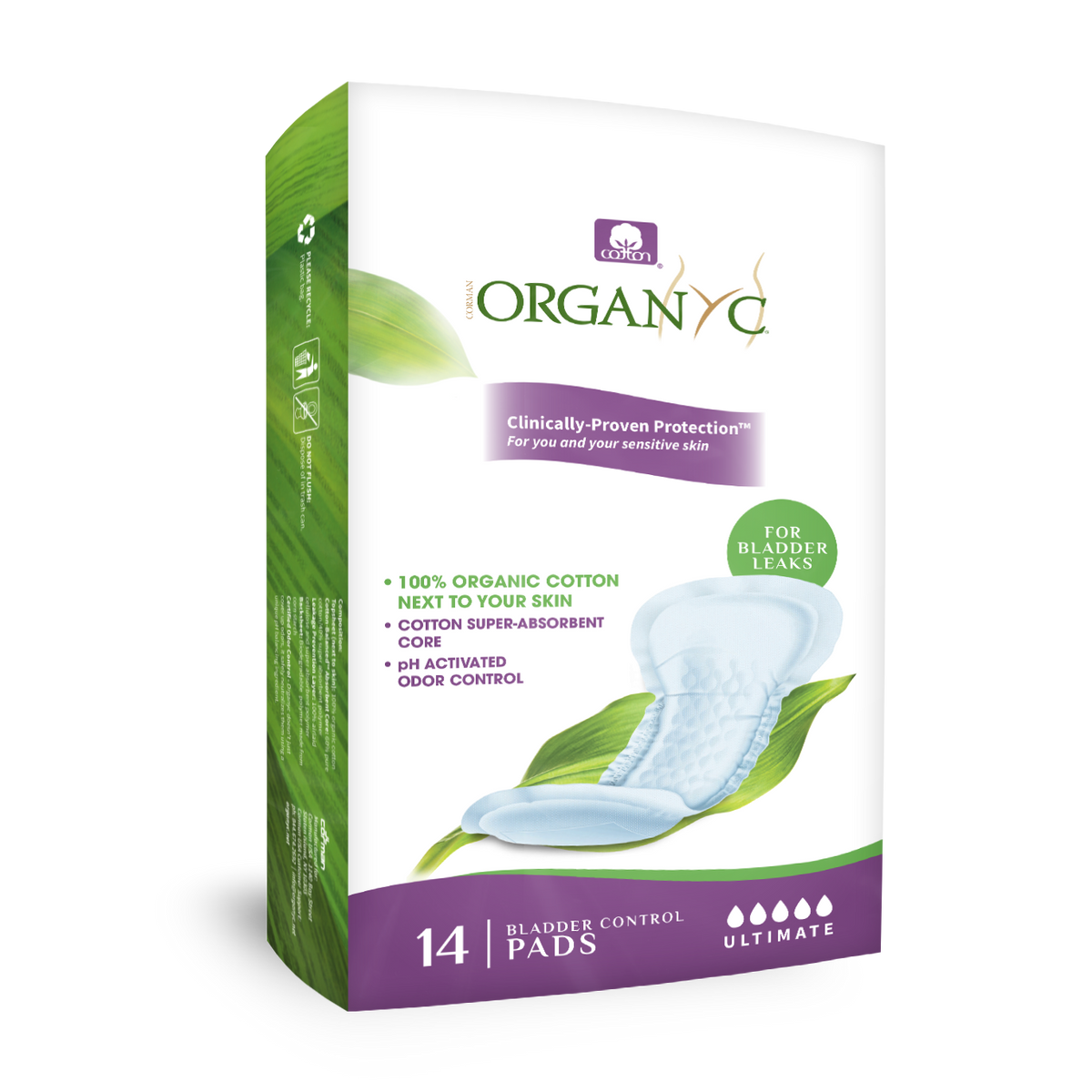 Organyc Light Incontinence Pads with Organic Cotton, Ultra-Thin Liner, Moderate, Maximum or Ultimate - Ultimate, 14 Pads