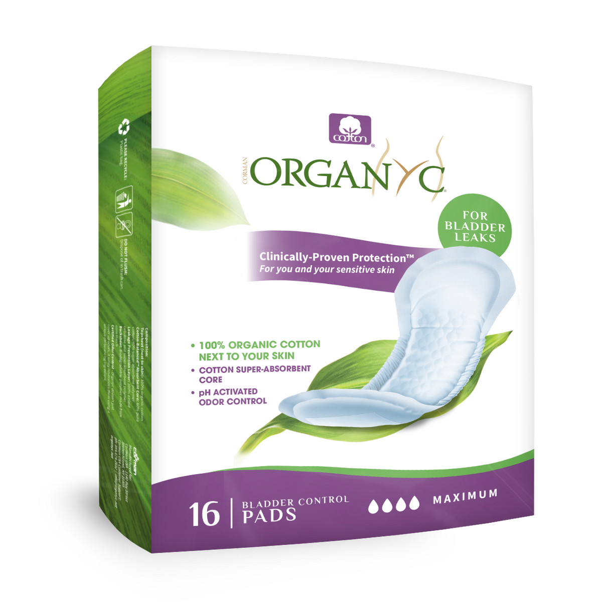 Organyc Light Incontinence Pads with Organic Cotton, Ultra-Thin Liner, Moderate, Maximum or Ultimate - Maximum, 16 Pads