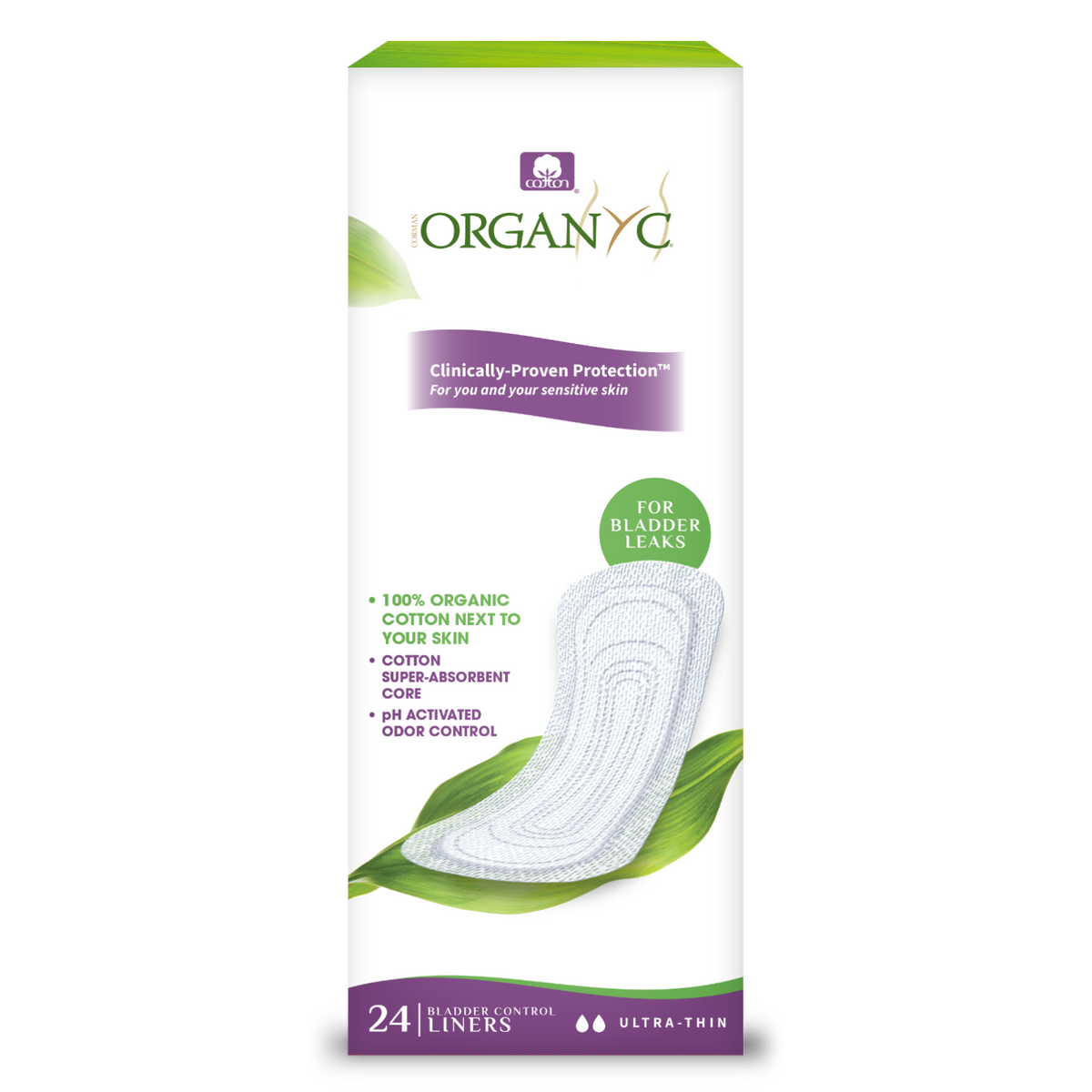 Organyc Light Incontinence Pads with Organic Cotton, Ultra-Thin Liner, Moderate, Maximum or Ultimate - Ultra-Thin Liner, 24