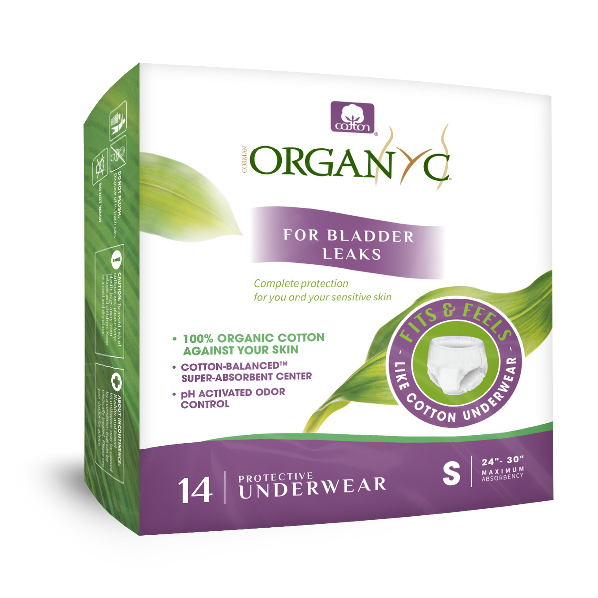 Organyc Protective Underwear with Organic Cotton for Bladder Leaks, Small, Medium, Large or X-Large - Small, 14