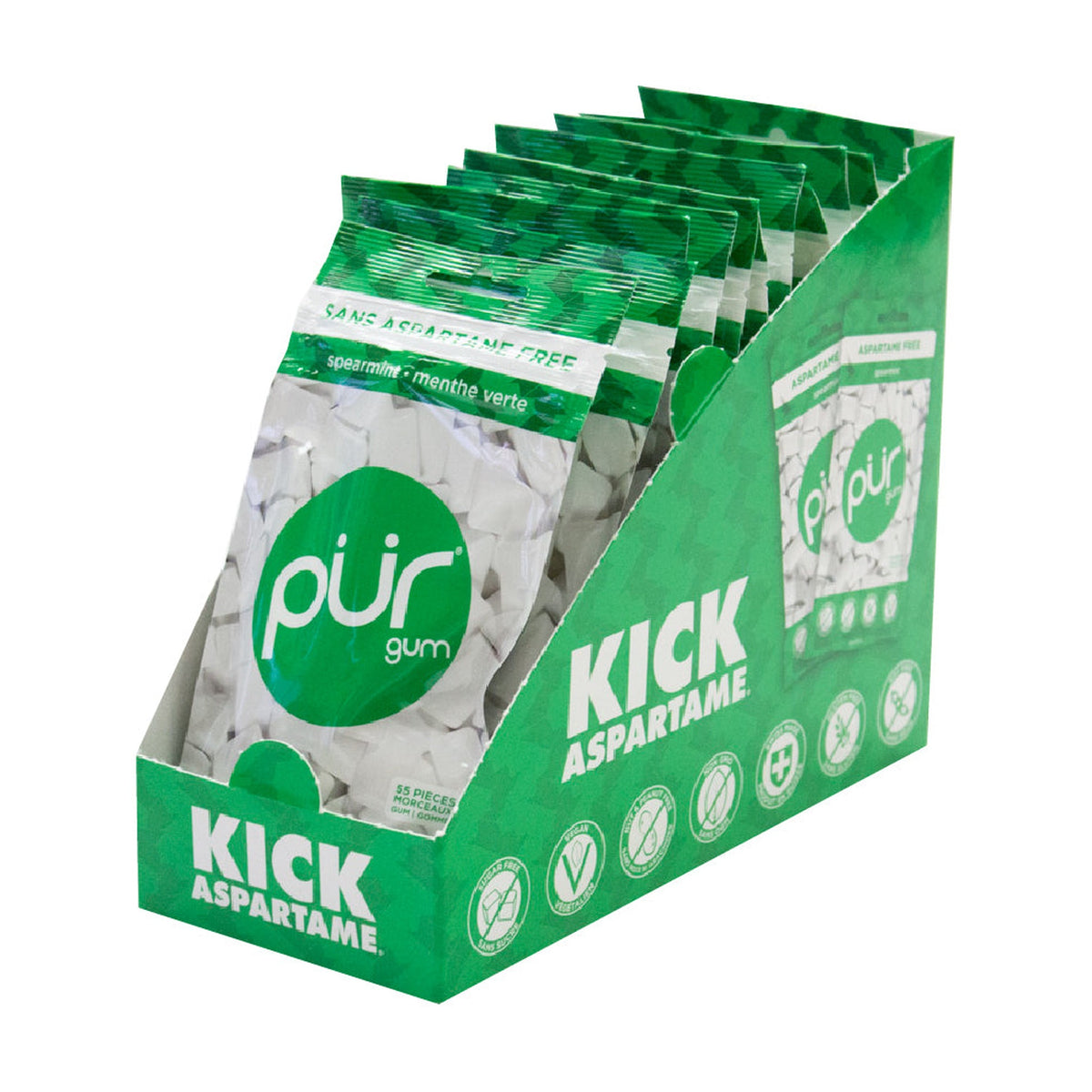 PUR Aspartame-Free Chewing Gum, Sweetened with 100% Xylitol, Sugar-Free, 8 Flavours, Case of 12 Bags (55 pc) or 12 Packs (9 pc) - Spearmint / Case of 12 Bags (55 Pieces Each)