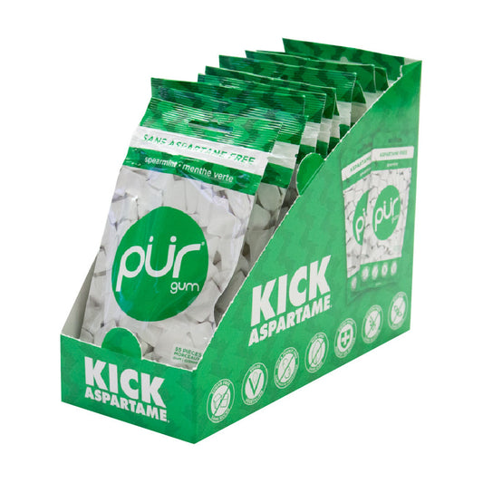PUR Aspartame-Free Chewing Gum, Sweetened with 100% Xylitol, Sugar-Free, 8 Flavours, Case of 12 Bags (55 pc) or 12 Packs (9 pc) - Spearmint / Case of 12 Bags (55 Pieces Each)