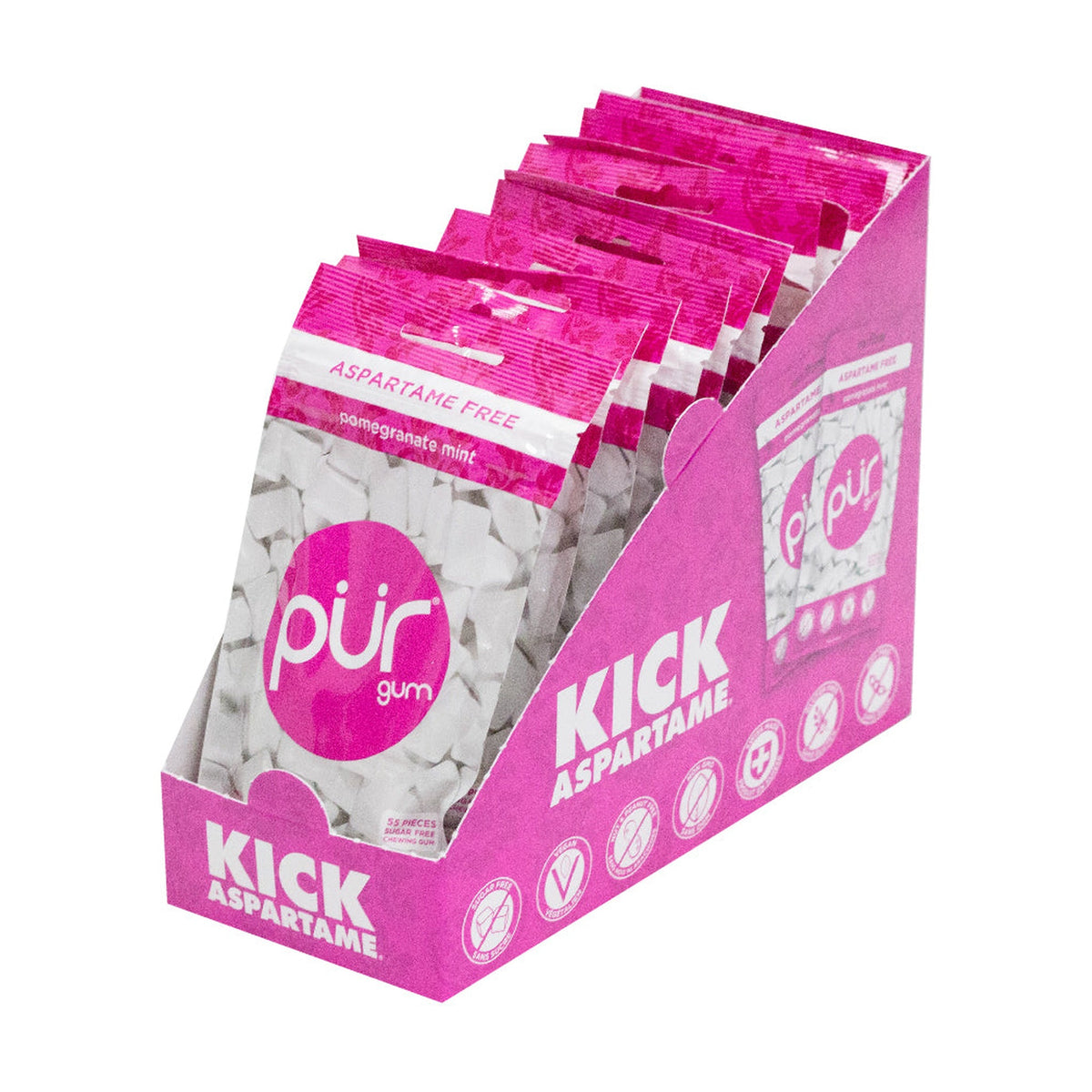 PUR Aspartame-Free Chewing Gum, Sweetened with 100% Xylitol, Sugar-Free, 8 Flavours, Case of 12 Bags (55 pc) or 12 Packs (9 pc) - Pomegranate Mint / Case of 12 Bags (55 Pieces Each)