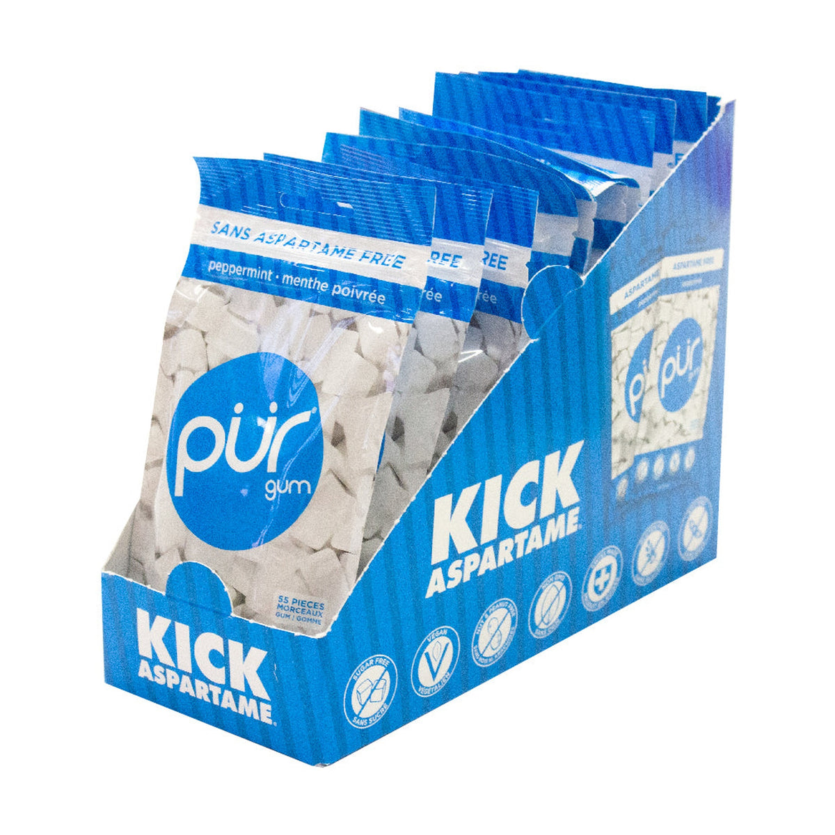 PUR Aspartame-Free Chewing Gum, Sweetened with 100% Xylitol, Sugar-Free, 8 Flavours, Case of 12 Bags (55 pc) or 12 Packs (9 pc) - Peppermint / Case of 12 Bags (55 Pieces Each)