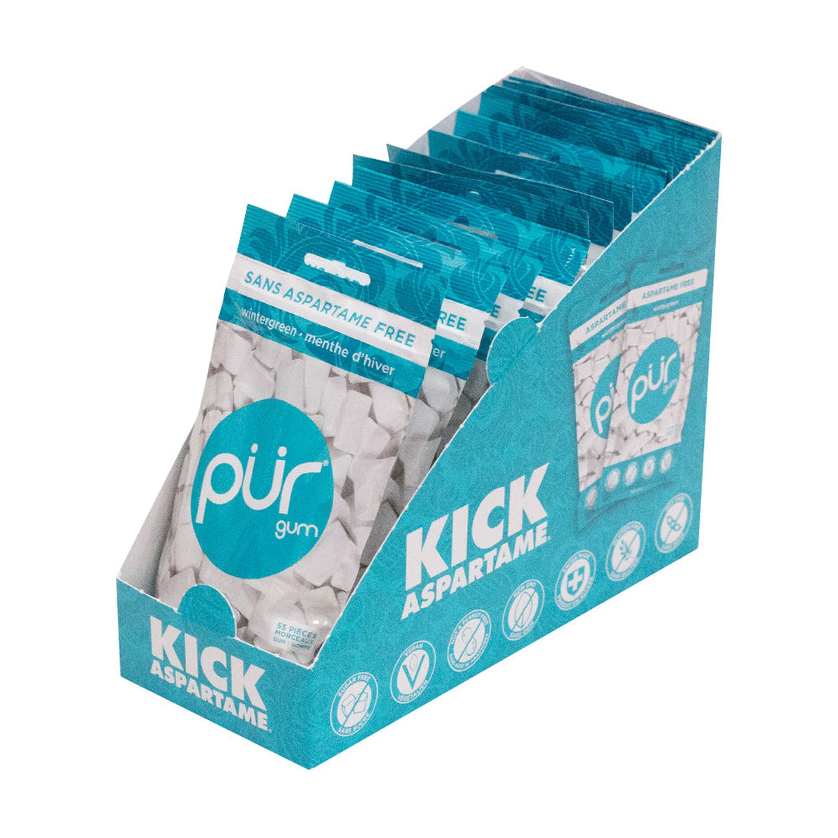 PUR Aspartame-Free Chewing Gum, Sweetened with 100% Xylitol, Sugar-Free, 8 Flavours, Case of 12 Bags (55 pc) or 12 Packs (9 pc) - Wintergreen / Case of 12 Bags (55 Pieces Each)
