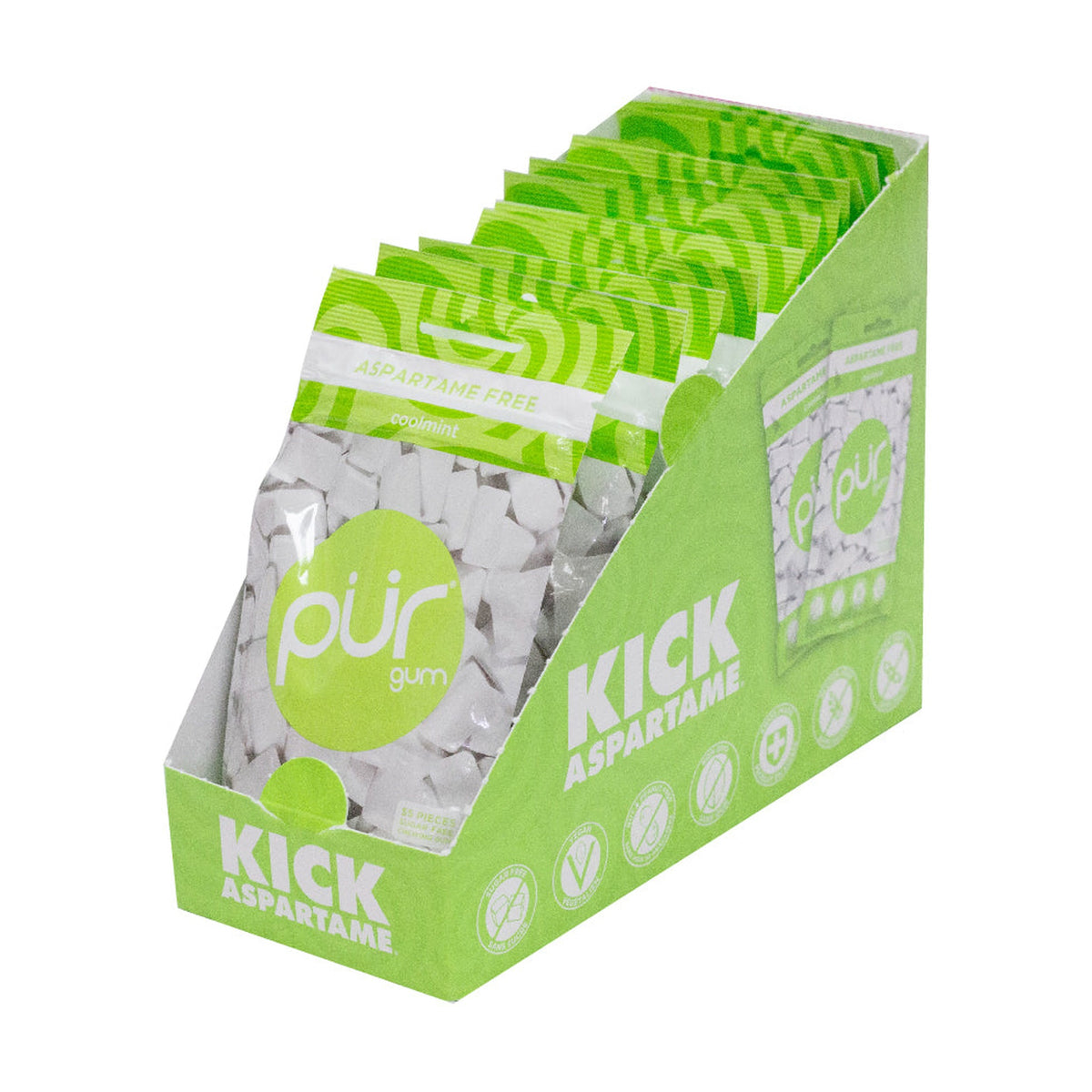 PUR Aspartame-Free Chewing Gum, Sweetened with 100% Xylitol, Sugar-Free, 8 Flavours, Case of 12 Bags (55 pc) or 12 Packs (9 pc) - Coolmint / Case of 12 Bags (55 Pieces Each)