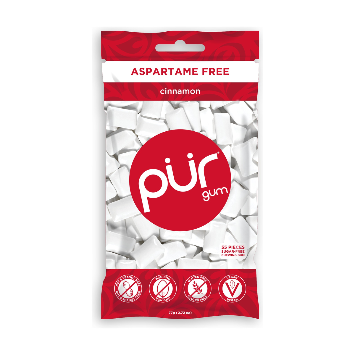 PUR Aspartame-Free Chewing Gum, Sweetened with 100% Xylitol, Sugar-Free, 8 Flavours, Case of 12 Bags (55 pc) or 12 Packs (9 pc) - Cinnamon / Case of 12 Bags (55 Pieces Each)