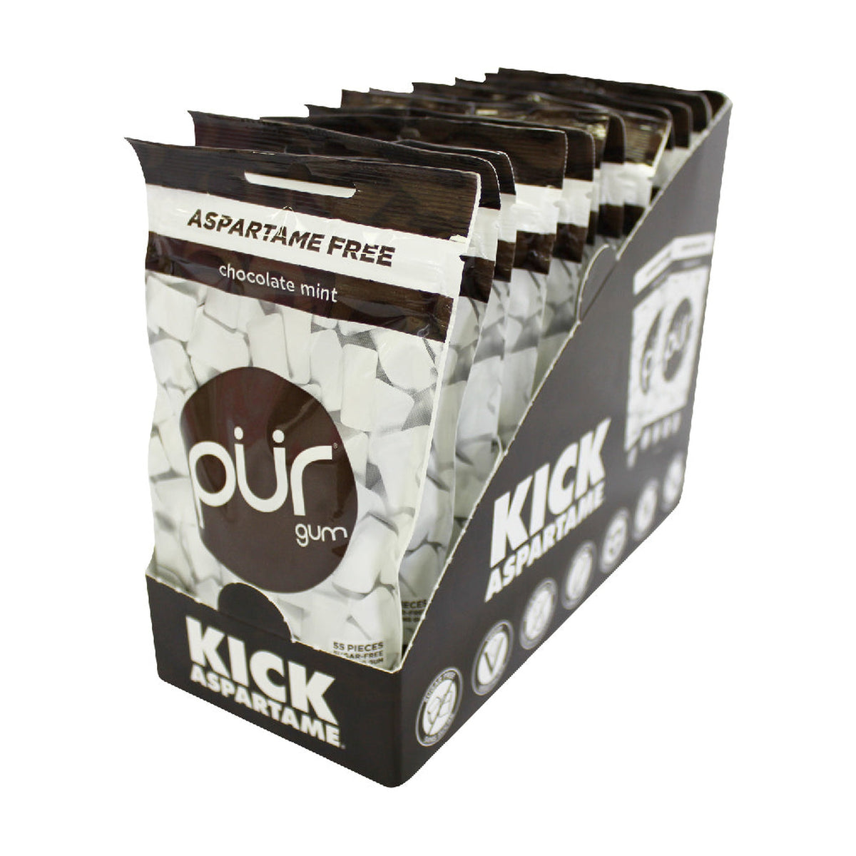 PUR Aspartame-Free Chewing Gum, Sweetened with 100% Xylitol, Sugar-Free, 8 Flavours, Case of 12 Bags (55 pc) or 12 Packs (9 pc) - Chocolate Mint / Case of 12 Bags (55 Pieces Each)