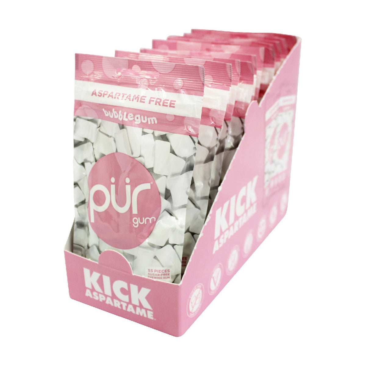 PUR Aspartame-Free Chewing Gum, Sweetened with 100% Xylitol, Sugar-Free, 8 Flavours, Case of 12 Bags (55 pc) or 12 Packs (9 pc) - Bubblegum / Case of 12 Bags (55 Pieces Each)
