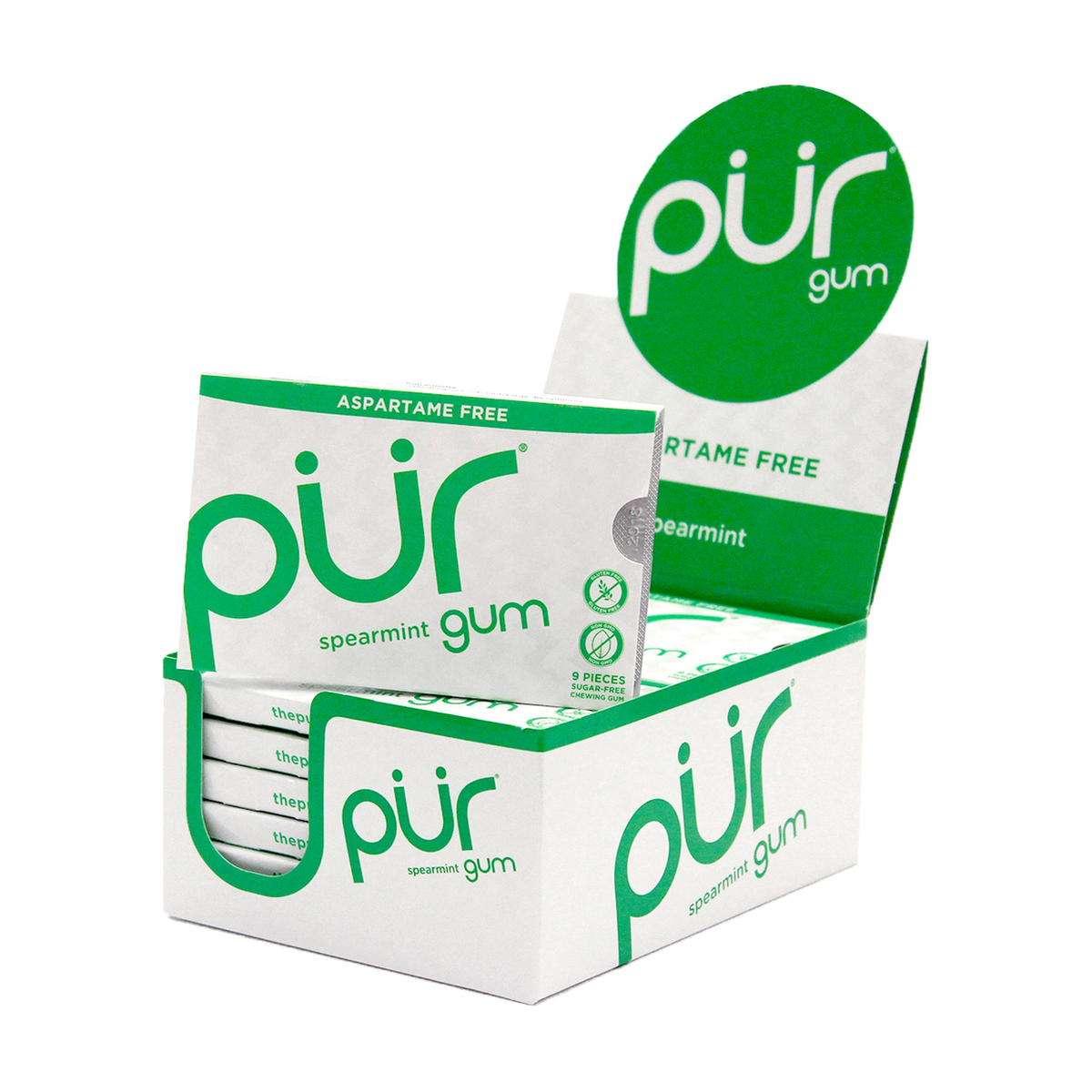 PUR Aspartame-Free Chewing Gum, Sweetened with 100% Xylitol, Sugar-Free, 8 Flavours, Case of 12 Bags (55 pc) or 12 Packs (9 pc) - Spearmint / Case of 12 Packs (9 Pieces Each)