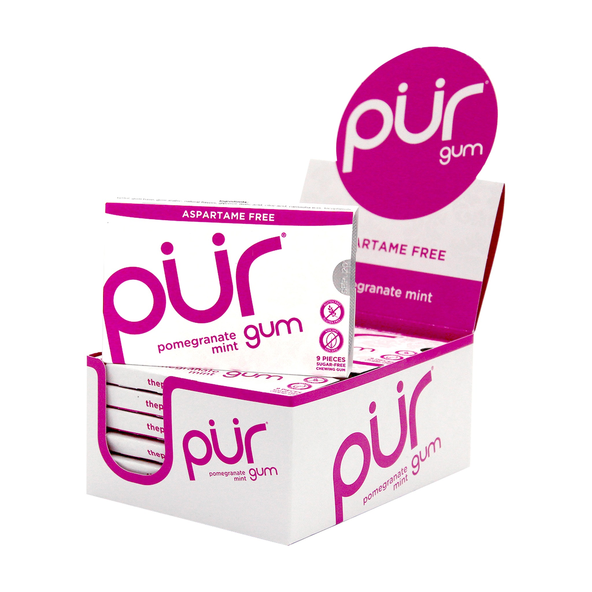 PUR Aspartame-Free Chewing Gum, Sweetened with 100% Xylitol, Sugar-Free, 8 Flavours, Case of 12 Bags (55 pc) or 12 Packs (9 pc) - Pomegranate Mint / Case of 12 Packs (9 Pieces Each)