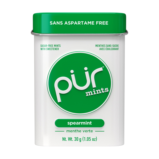 PUR Aspartame-Free Mints, Sweetened with Xylitol, Sugar-Free, Vegan, 5 Flavours, Case of 12 x 30g Tins - Spearmint