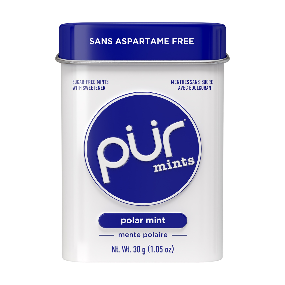 PUR Aspartame-Free Mints, Sweetened with Xylitol, Sugar-Free, Vegan, 5 Flavours, Case of 12 x 30g Tins - Polar Mint