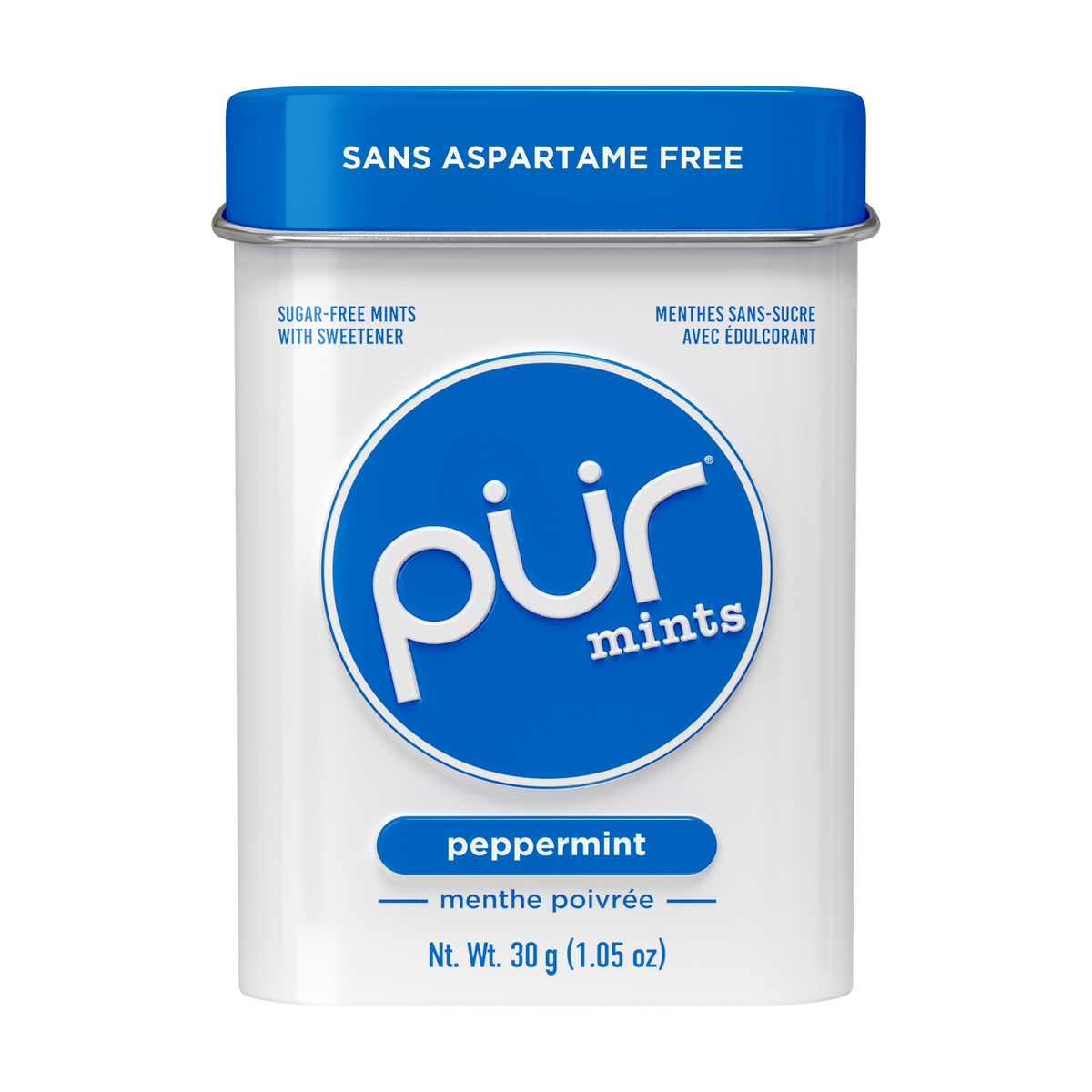 PUR Aspartame-Free Mints, Sweetened with Xylitol, Sugar-Free, Vegan, 5 Flavours, Case of 12 x 30g Tins - Peppermint