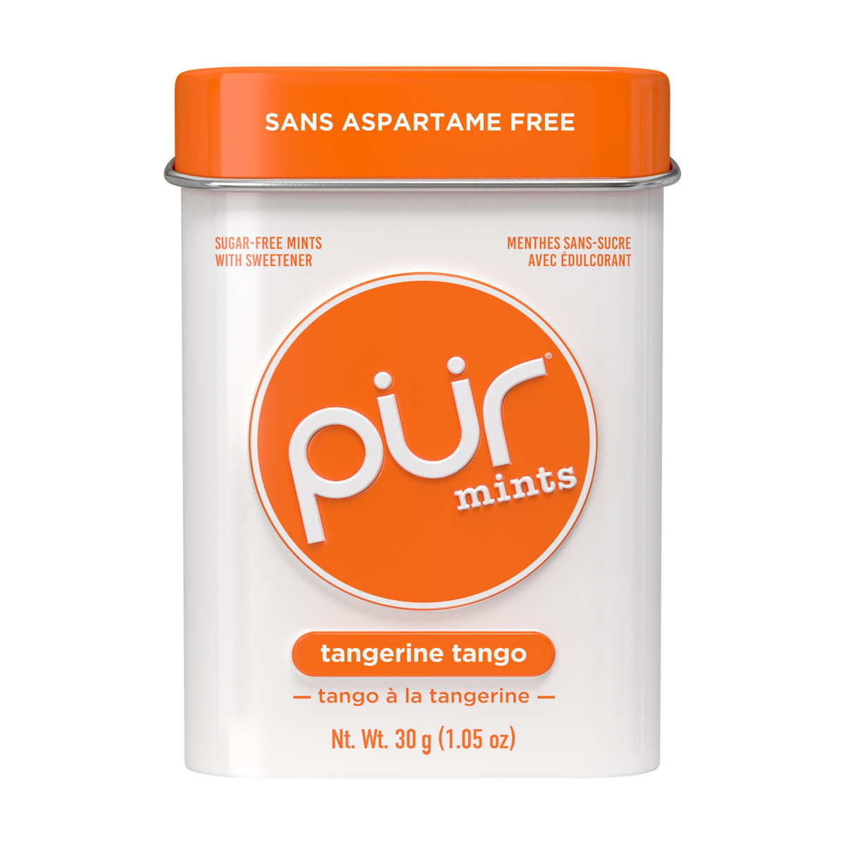 PUR Aspartame-Free Mints, Sweetened with Xylitol, Sugar-Free, Vegan, 5 Flavours, Case of 12 x 30g Tins - Tangerine Tango