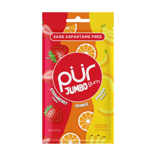 PUR Jumbo Fruit Gum, Aspartame-Free and Sugar-Free with Xylitol, Fruit and Sour Variety Packs, Case of 10 Bags (20 pc) - Strawberry, Orange and Banana