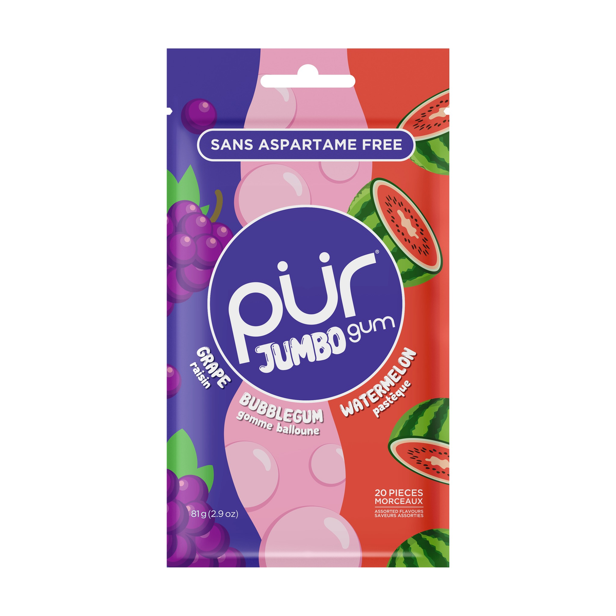 PUR Jumbo Fruit Gum, Aspartame-Free and Sugar-Free with Xylitol, Fruit and Sour Variety Packs, Case of 10 Bags (20 pc) - Grape, Bubblegum and Watermelon