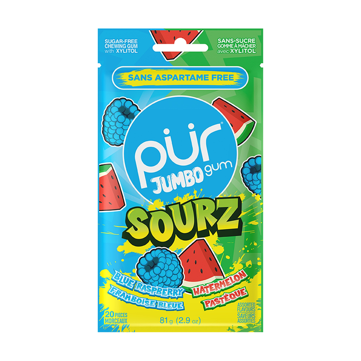 PUR Jumbo Fruit Gum, Aspartame-Free and Sugar-Free with Xylitol, Fruit and Sour Variety Packs, Case of 10 Bags (20 pc) - Sourz Raspberry and Watermelon