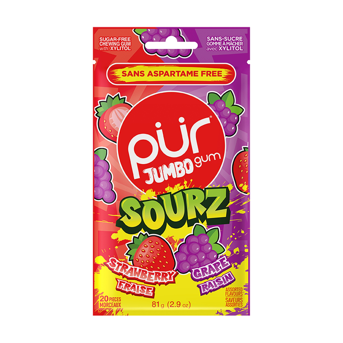 PUR Jumbo Fruit Gum, Aspartame-Free and Sugar-Free with Xylitol, Fruit and Sour Variety Packs, Case of 10 Bags (20 pc) - Sourz Strawberry and Grape