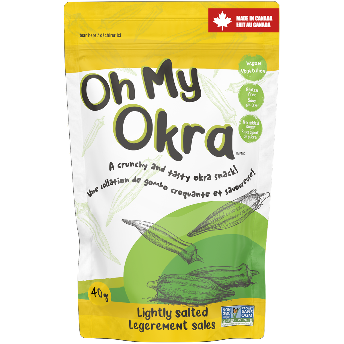 Oh My Okra Crunchy Whole Okra Snack, Lightly Salted, Lemon Dill, Spicy Sriracha, Southern BBQ or Sour Cream & Onion, Vegan, Gluten-Free, Case of 12 x 40g - Lightly Salted