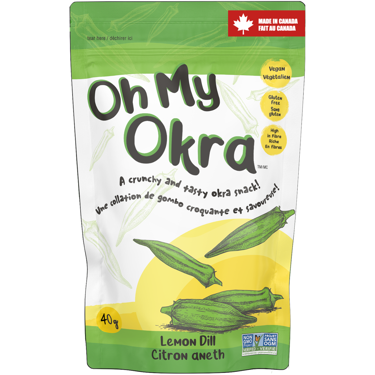 Oh My Okra Crunchy Whole Okra Snack, Lightly Salted, Lemon Dill, Spicy Sriracha, Southern BBQ or Sour Cream & Onion, Vegan, Gluten-Free, Case of 12 x 40g - Lemon Dill