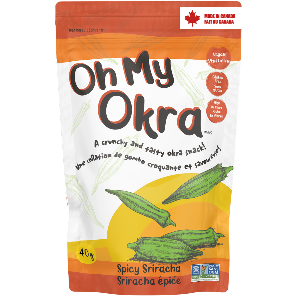 Oh My Okra Crunchy Whole Okra Snack, Lightly Salted, Lemon Dill, Spicy Sriracha, Southern BBQ or Sour Cream & Onion, Vegan, Gluten-Free, Case of 12 x 40g - Spicy Sriracha