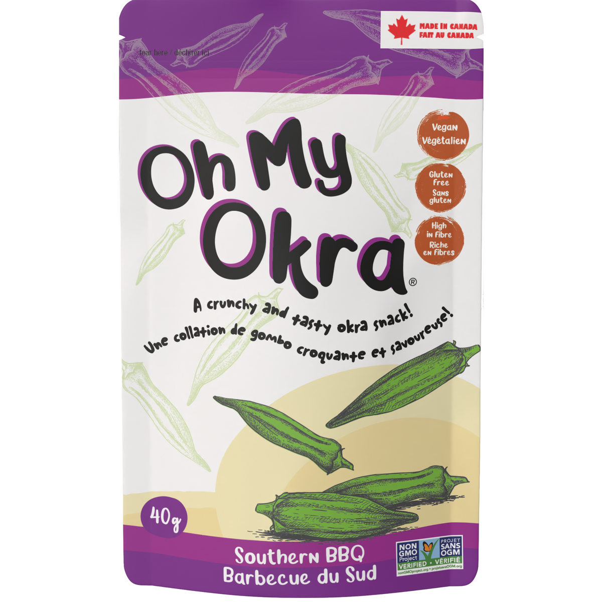 Oh My Okra Crunchy Whole Okra Snack, Lightly Salted, Lemon Dill, Spicy Sriracha, Southern BBQ or Sour Cream & Onion, Vegan, Gluten-Free, Case of 12 x 40g - Southern BBQ