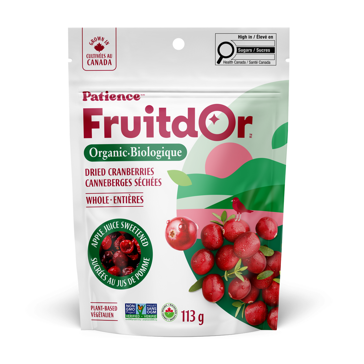 Patience Fruit & Co. Dried Cranberries and Wild Blueberries 10-Pack, Organic and No Sugar Added Options - Organic Whole Cranberries, Apple Juice Sweetened, 10 x 113g