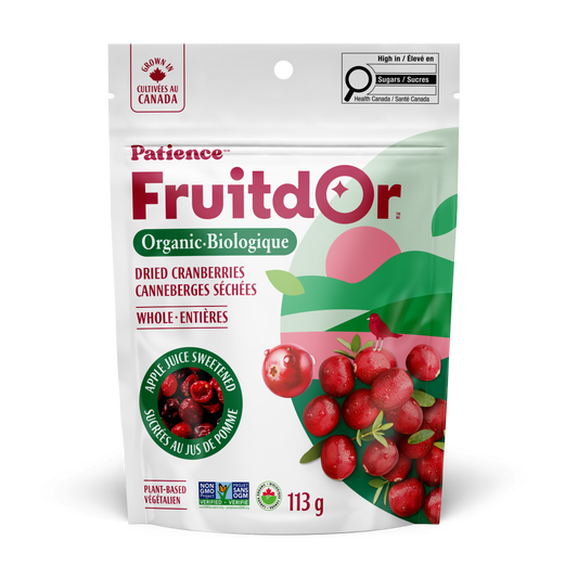 Patience Fruit & Co. Dried Cranberries and Wild Blueberries 10-Pack, Organic and No Sugar Added Options - Organic Whole Cranberries, Apple Juice Sweetened, 10 x 113g