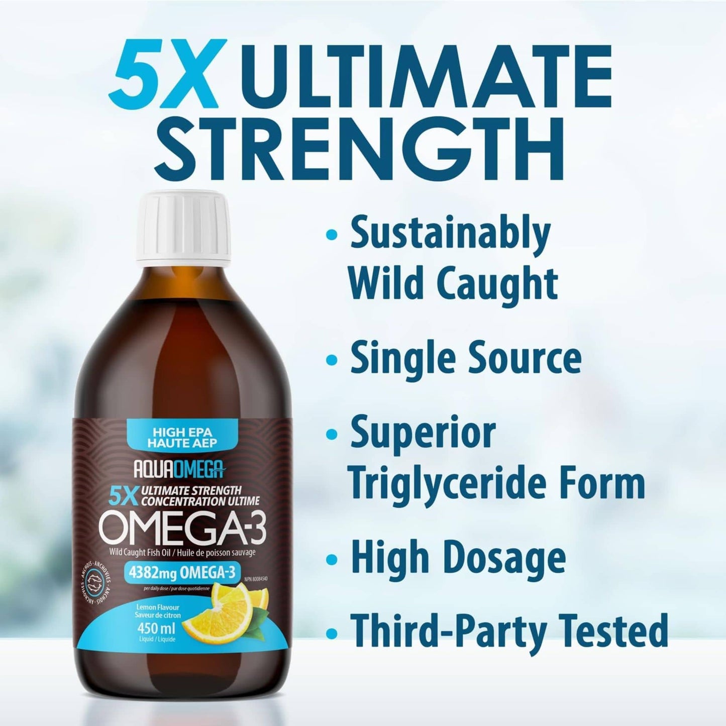 Lemon Flavour, 450ml | AquaOmega High EPA Omega 3 Fish Oil, 5X Extra Strength Liquid Fish Oil