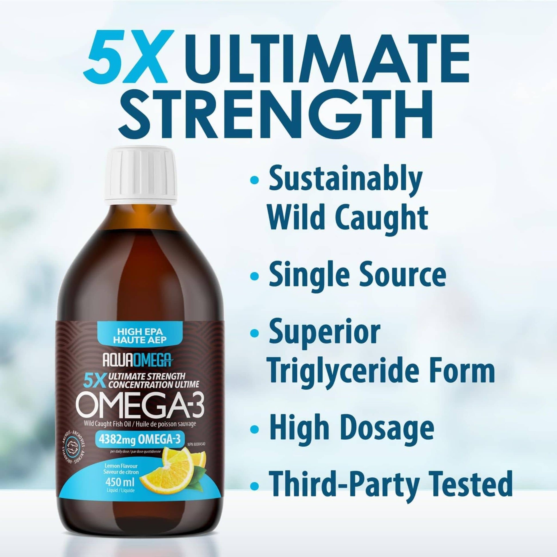 Lemon Flavour, 450ml | AquaOmega High EPA Omega 3 Fish Oil, 5X Extra Strength Liquid Fish Oil