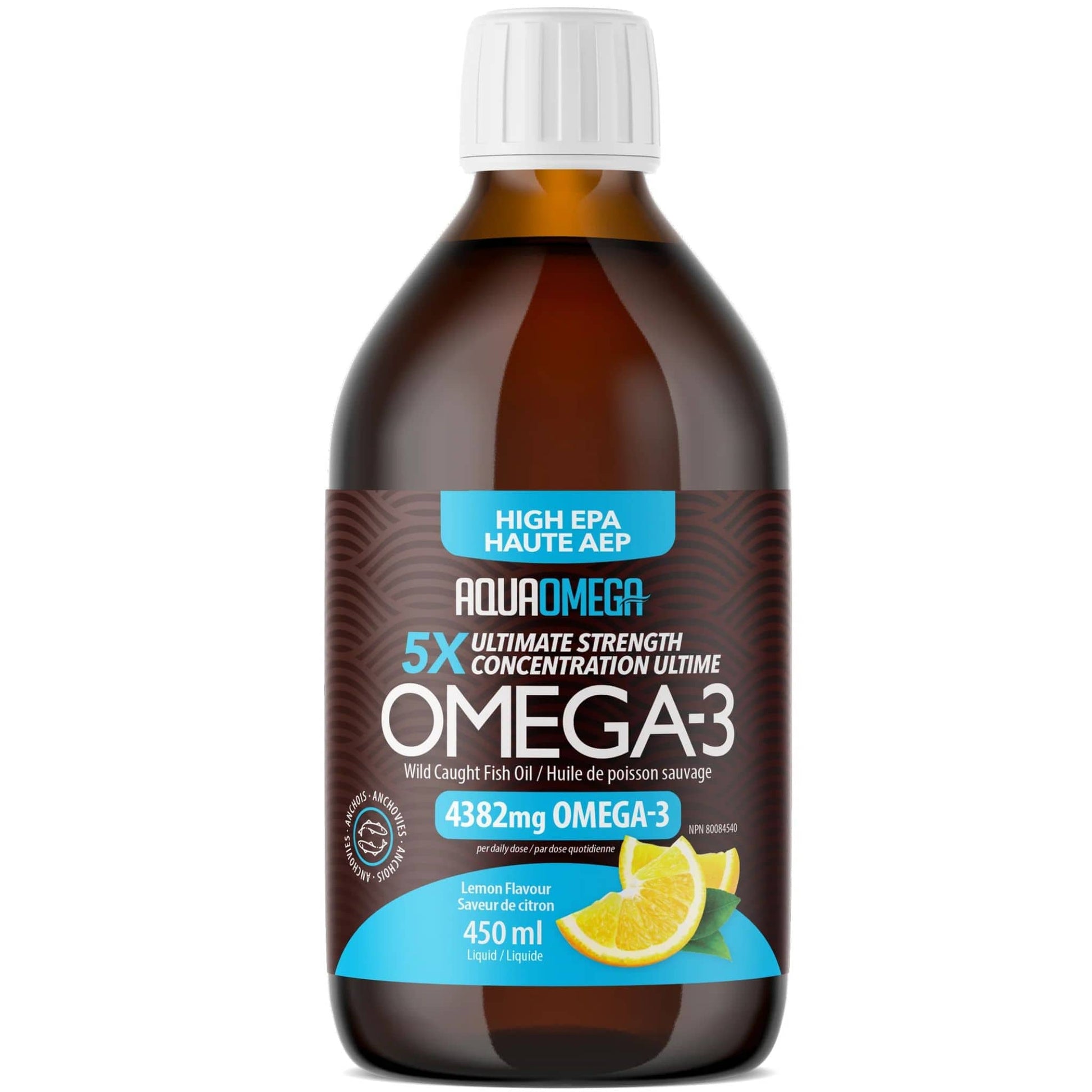 Lemon Flavour, 450ml | AquaOmega High EPA Omega 3 Fish Oil, 5X Extra Strength Liquid Fish Oil