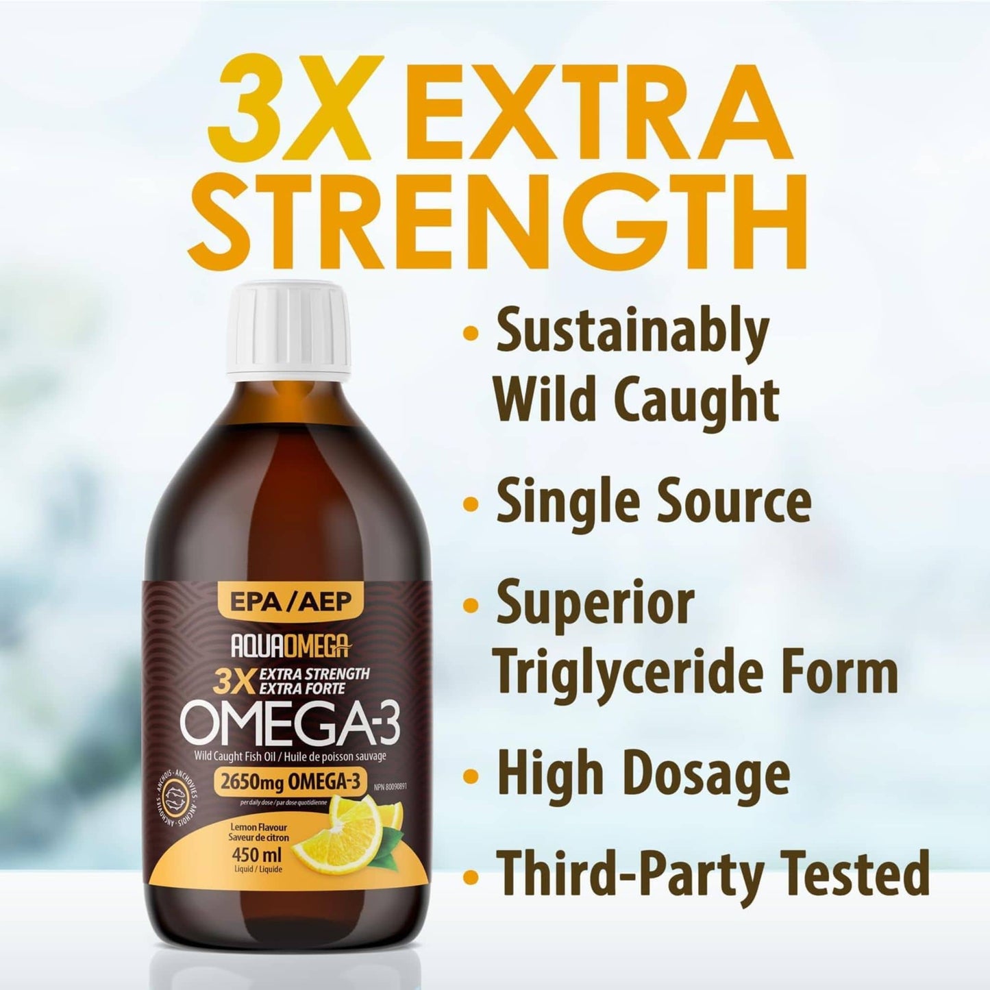 Lemon Flavour, 450ml| AquaOmega Daily Maintenance Omega 3 Fish Oil, 3X Extra Strength Liquid