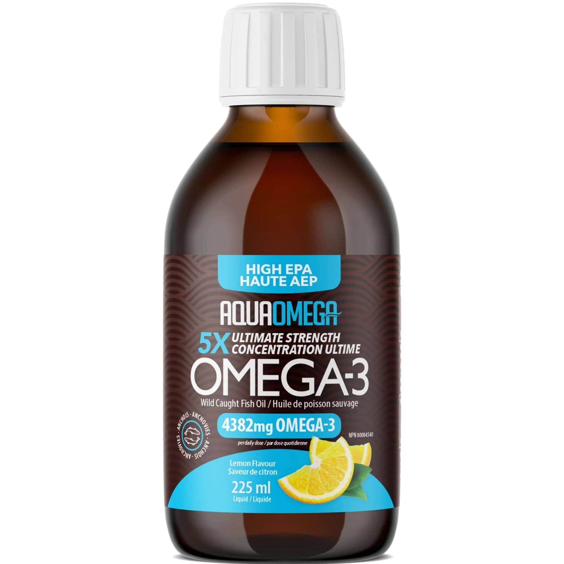 Lemon Flavour, 225ml | AquaOmega High EPA Omega 3 Fish Oil, 5X Extra Strength Liquid Fish Oil