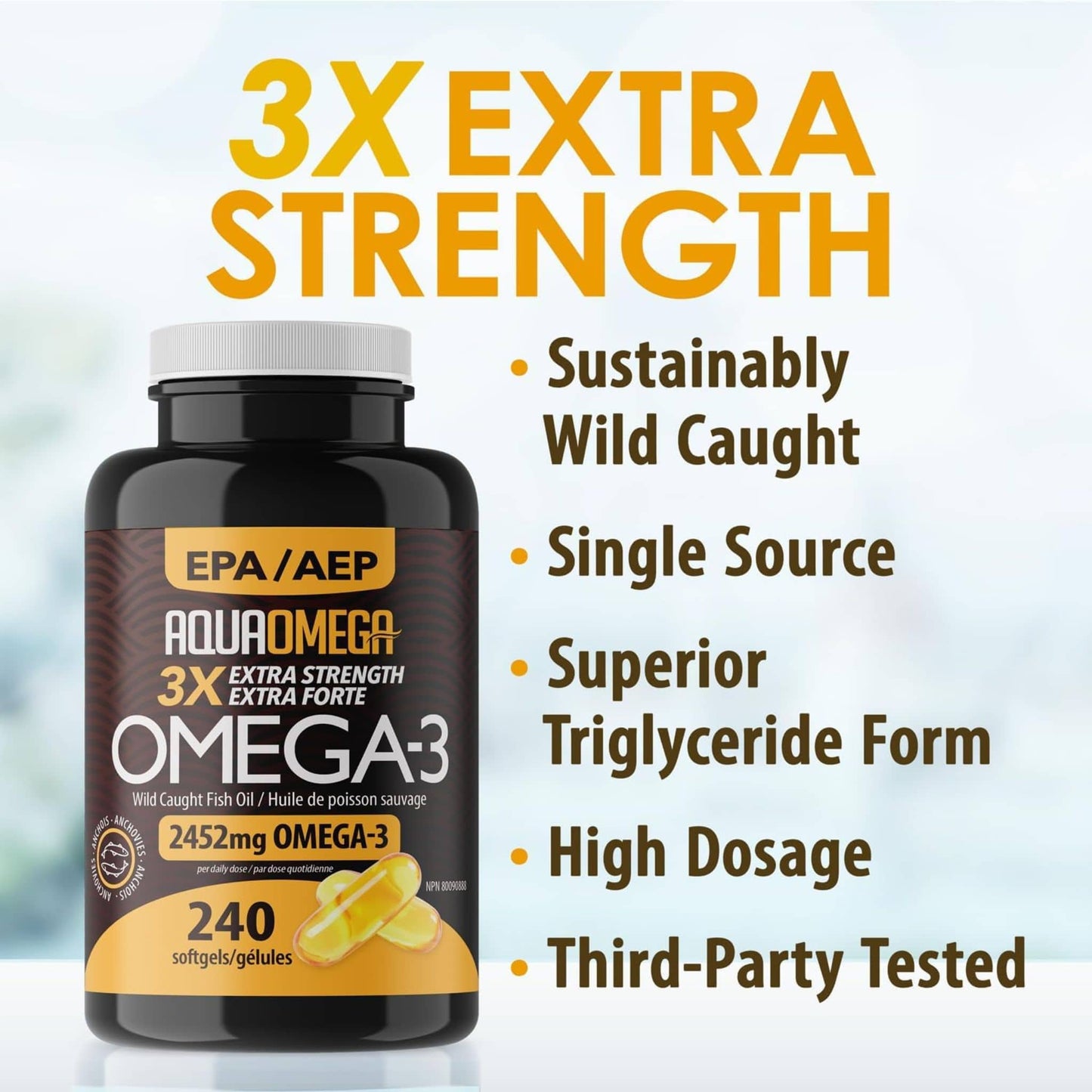 240 Softgels | AquaOmega Daily Maintenance Omega 3 Fish Oil, 3X Extra Strength Fish Oil
