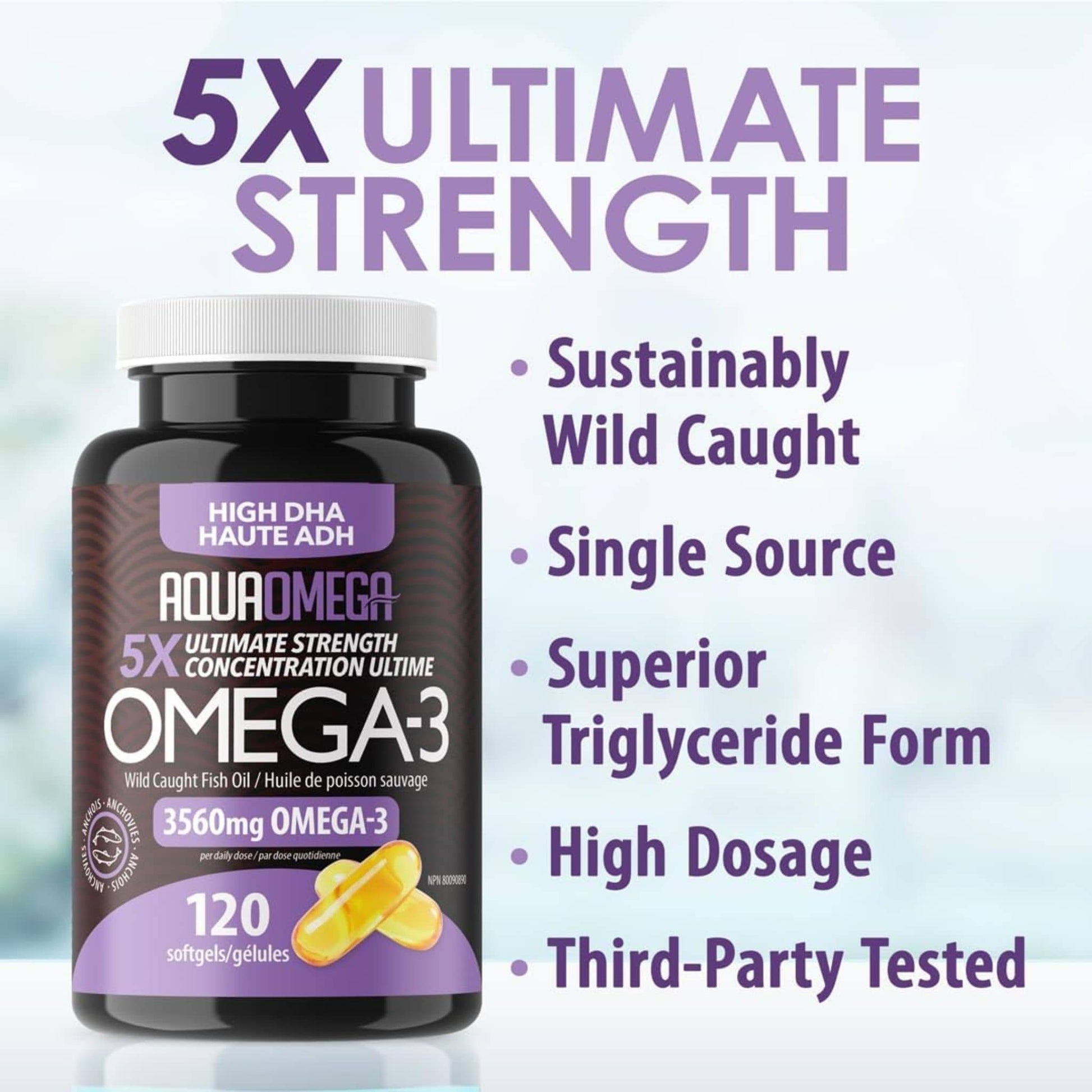 120 Softgels | AquaOmega High DHA Omega 3 Fish Oil, 3X Extra Strength Fish Oil Softgels