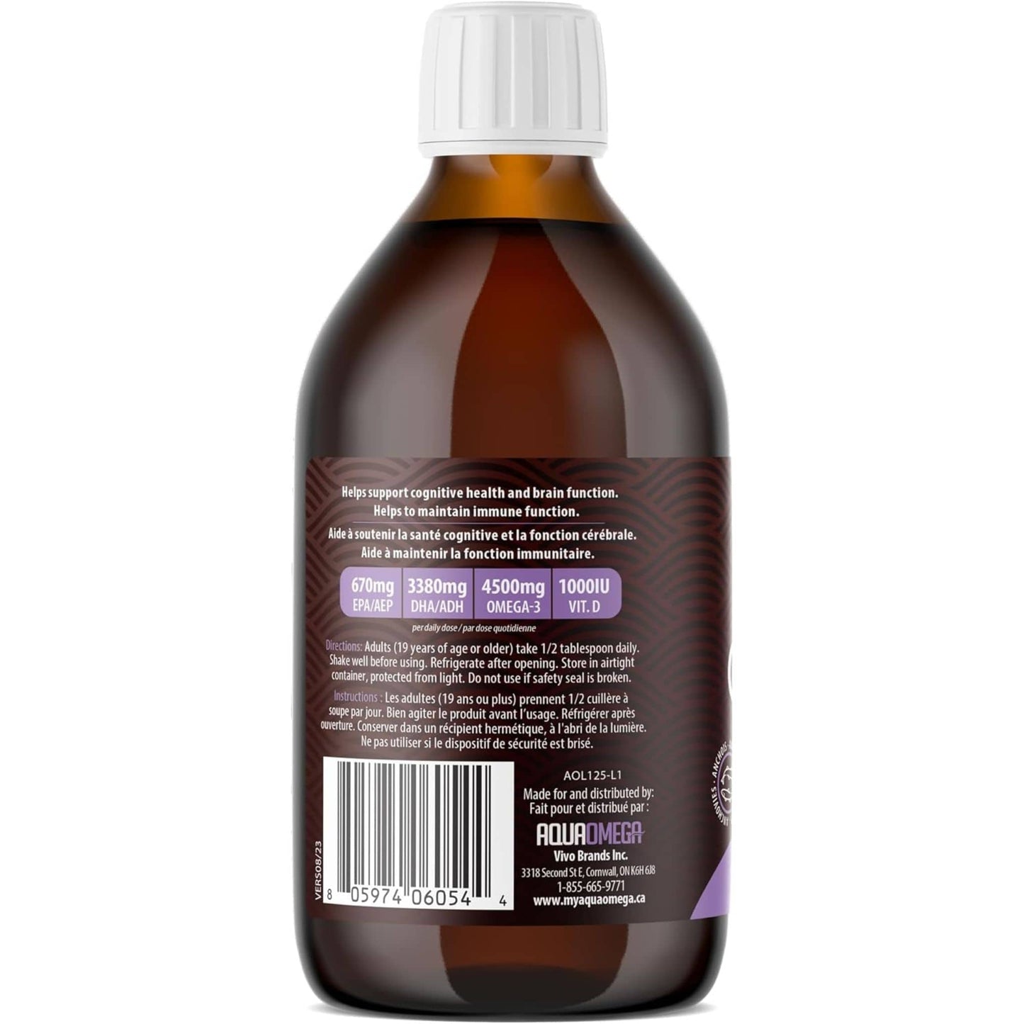 Lemon Flavour, 450ml | AquaOmega High DHA Omega 3 Fish Oil, 5X Extra Strength Liquid Fish Oil