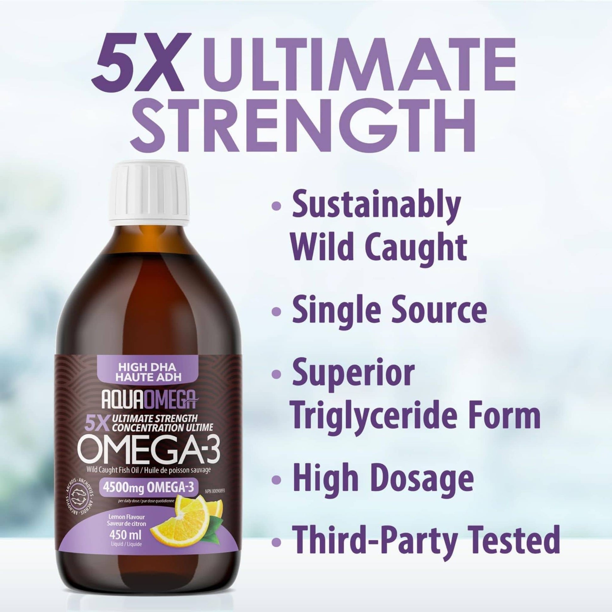 Lemon Flavour, 450ml | AquaOmega High DHA Omega 3 Fish Oil, 5X Extra Strength Liquid Fish Oil