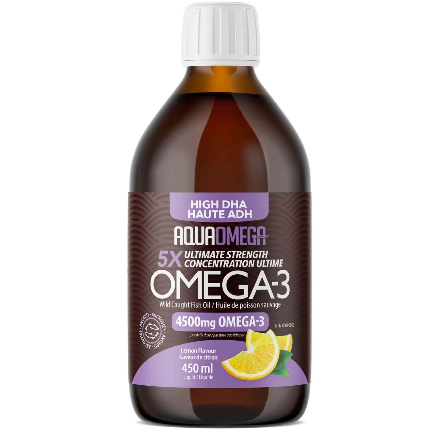 Lemon Flavour, 450ml | AquaOmega High DHA Omega 3 Fish Oil, 5X Extra Strength Liquid Fish Oil