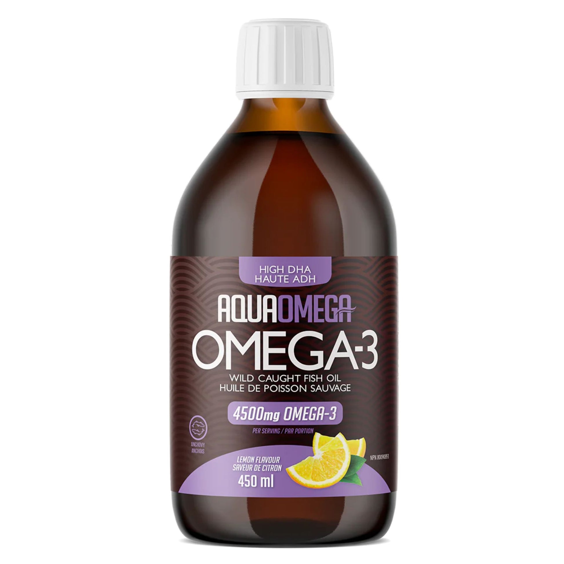 Lemon 450ml | AquaOmega 1:5 High DHA Omega-3 Wild Caught Fish Oil 450ml bottle // lemon flavour
