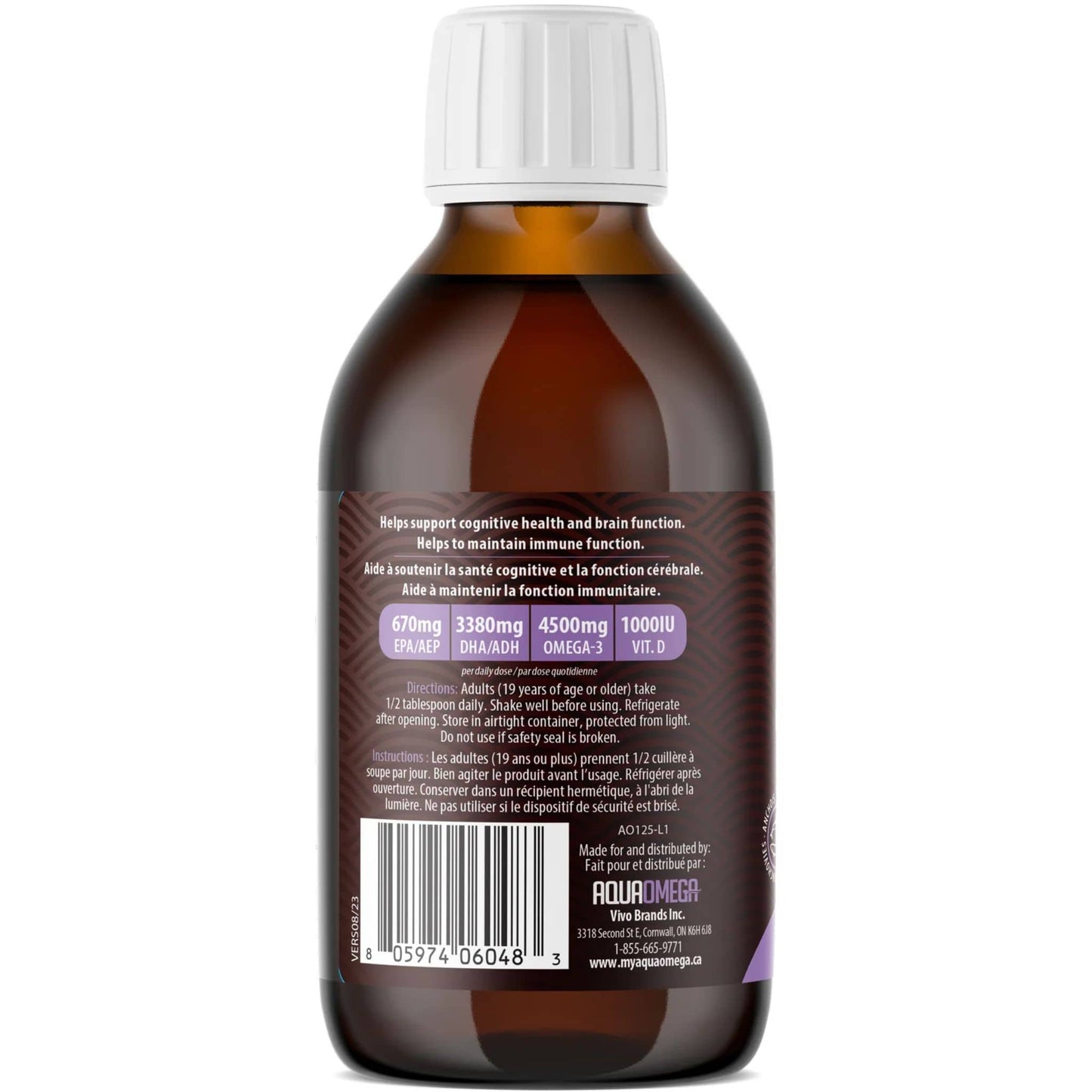 Lemon Flavour, 225ml | AquaOmega High DHA Omega 3 Fish Oil, 5X Extra Strength Liquid Fish Oil