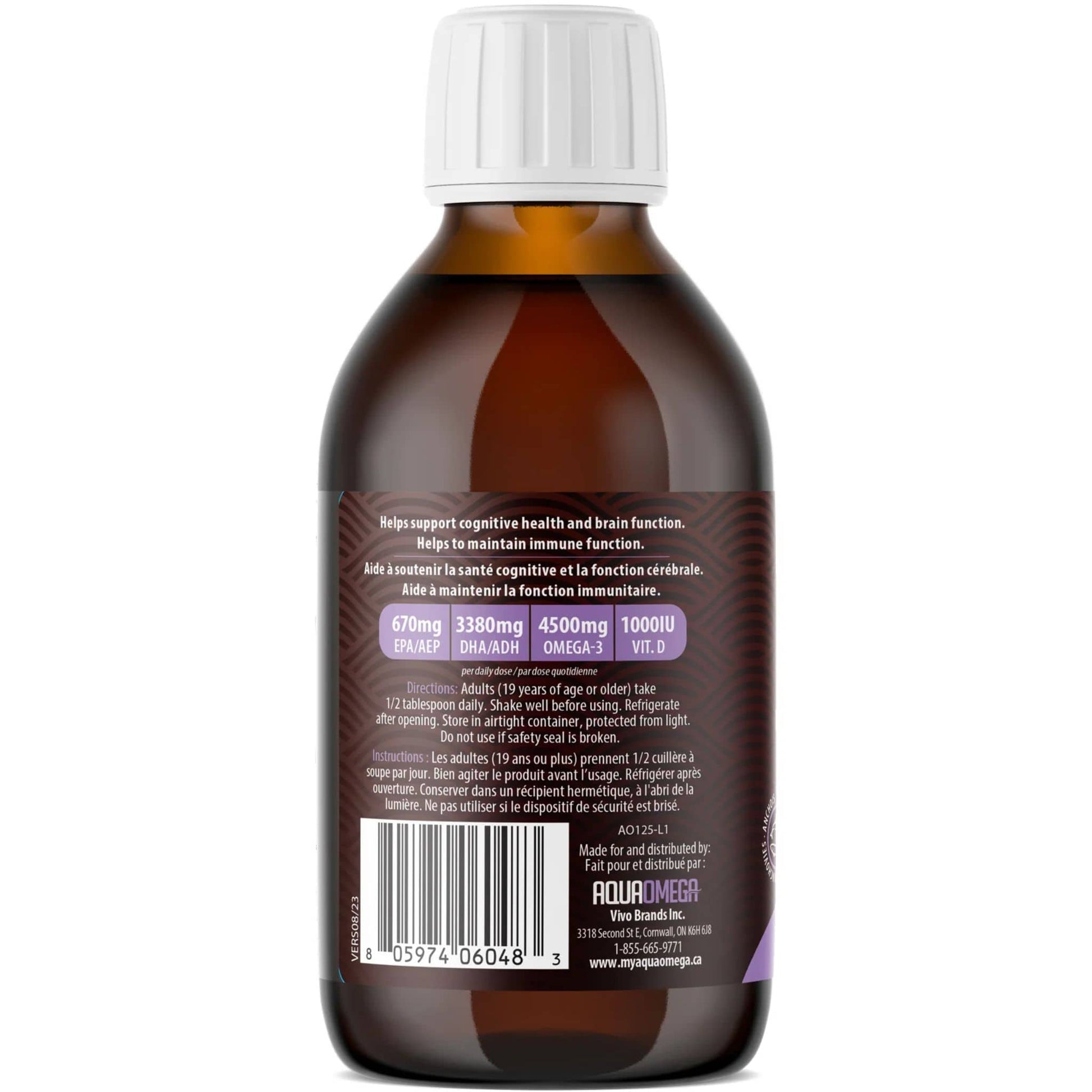 Lemon Flavour, 225ml | AquaOmega High DHA Omega 3 Fish Oil, 5X Extra Strength Liquid Fish Oil