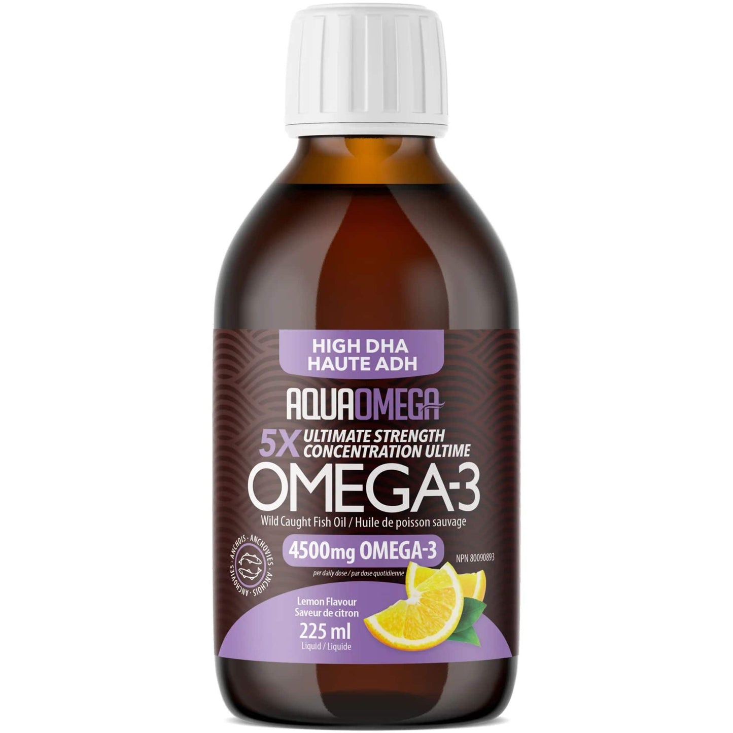 Lemon Flavour, 225ml | AquaOmega High DHA Omega 3 Fish Oil, 5X Extra Strength Liquid Fish Oil